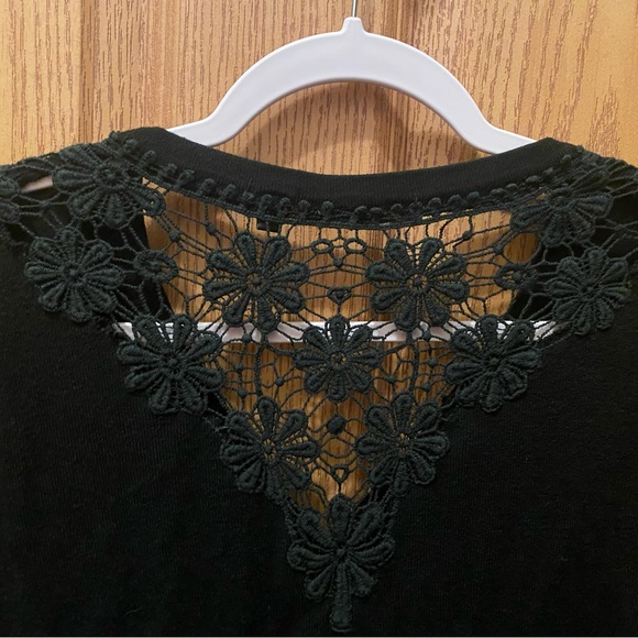 Black button front Sweater with lace trim detail. - Picture 3 of 5